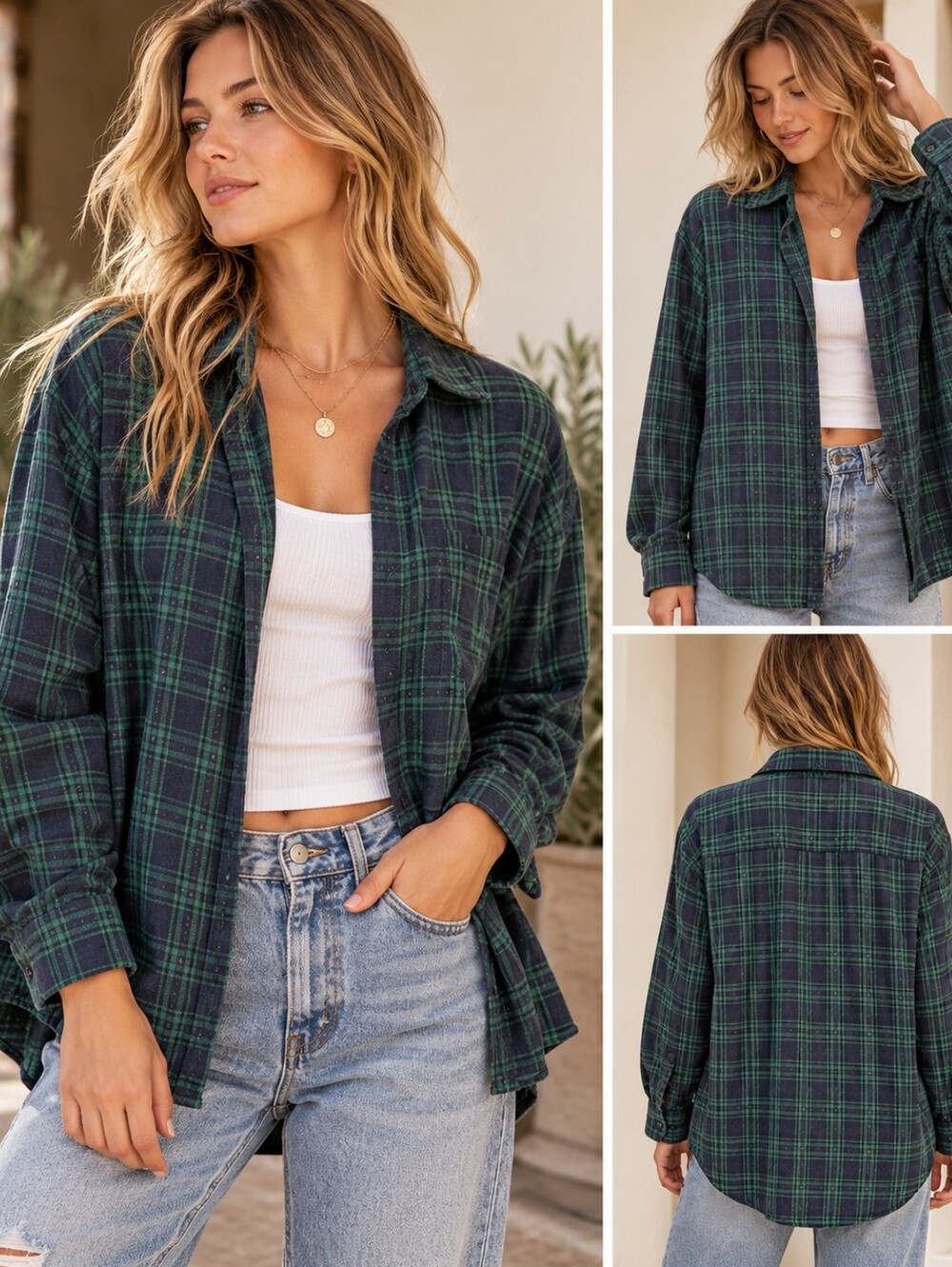 Altar'd State Navy and Green Flannel With Hint Of Sparkle